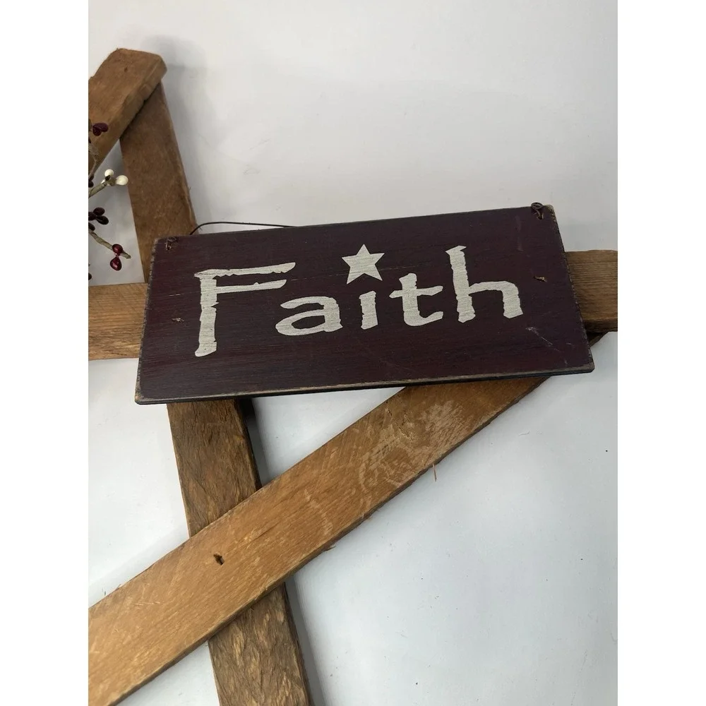 Primitive Wooden Faith Star Wall Hanging Rustic Country Farmhouse Wreath